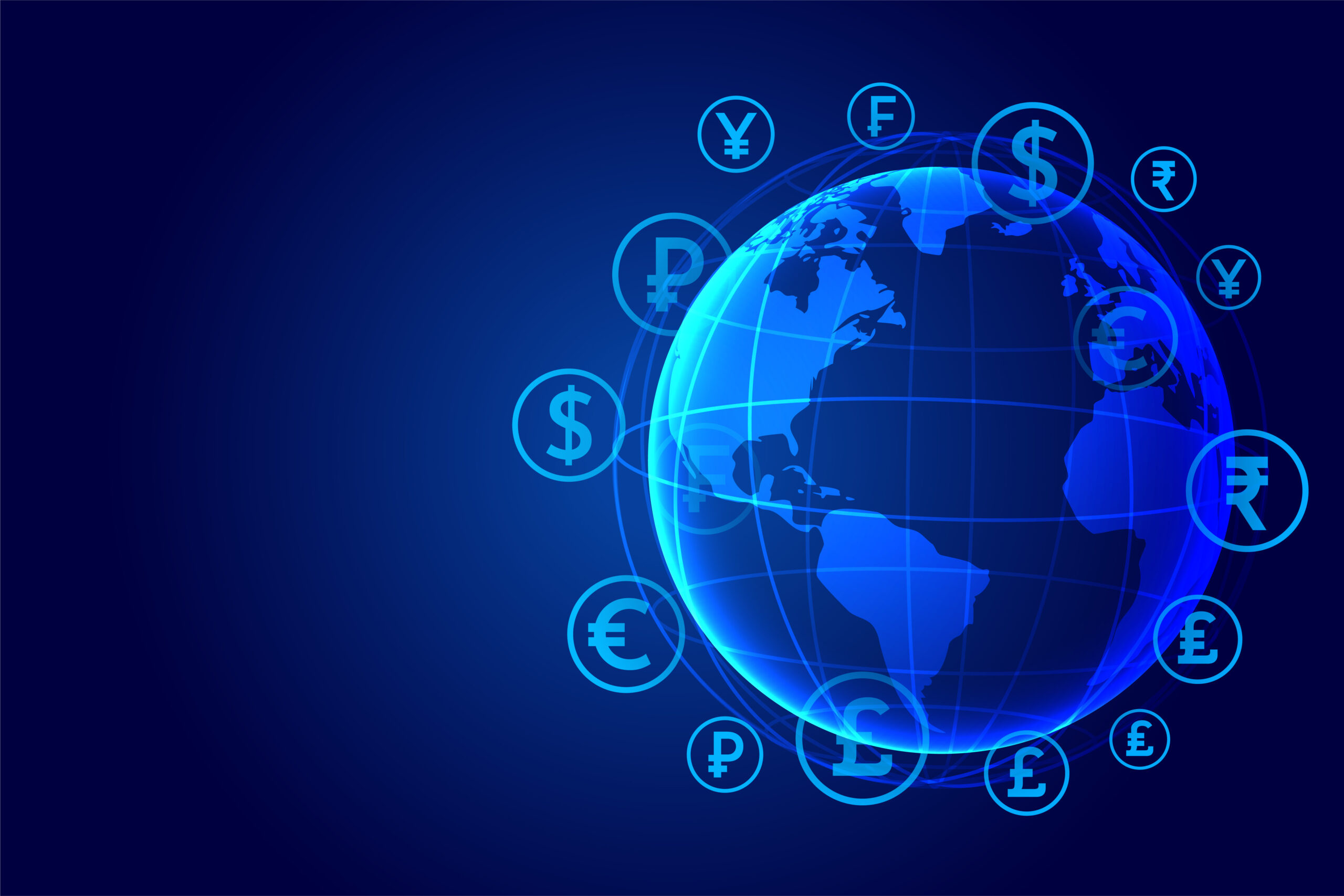 Blue digital globe with world map, surrounded by icons of global currency symbols such as dollar, euro, yen, pound, rupee.