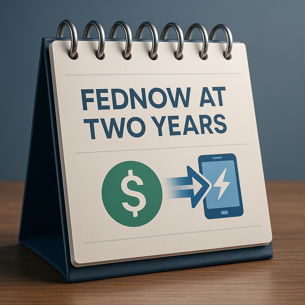 Calendar page readingFEDNOW AT TWO YEARS with dollar symbol arrow to smartphone lightning icon.