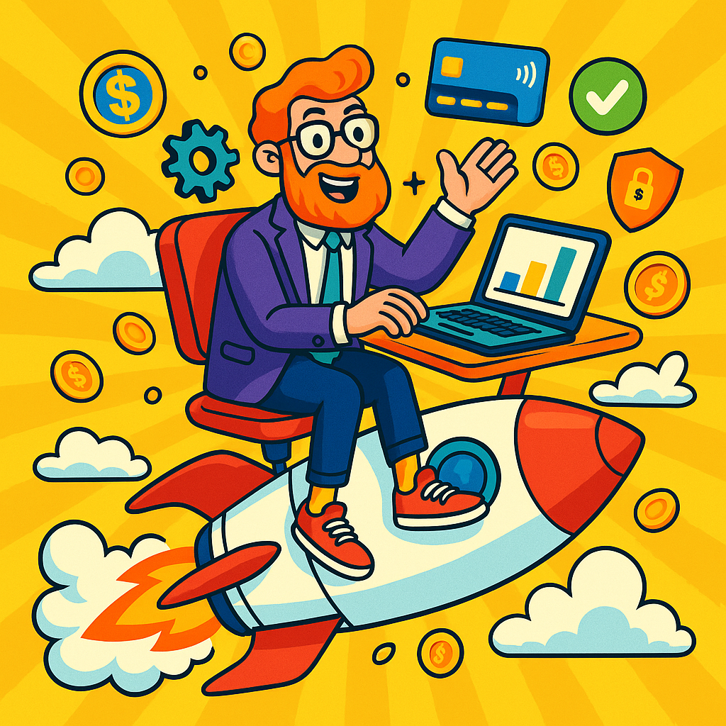 Cartoon man with orangebeard rides a rocket, uses laptop, surrounded by money and credit card on yellow background.