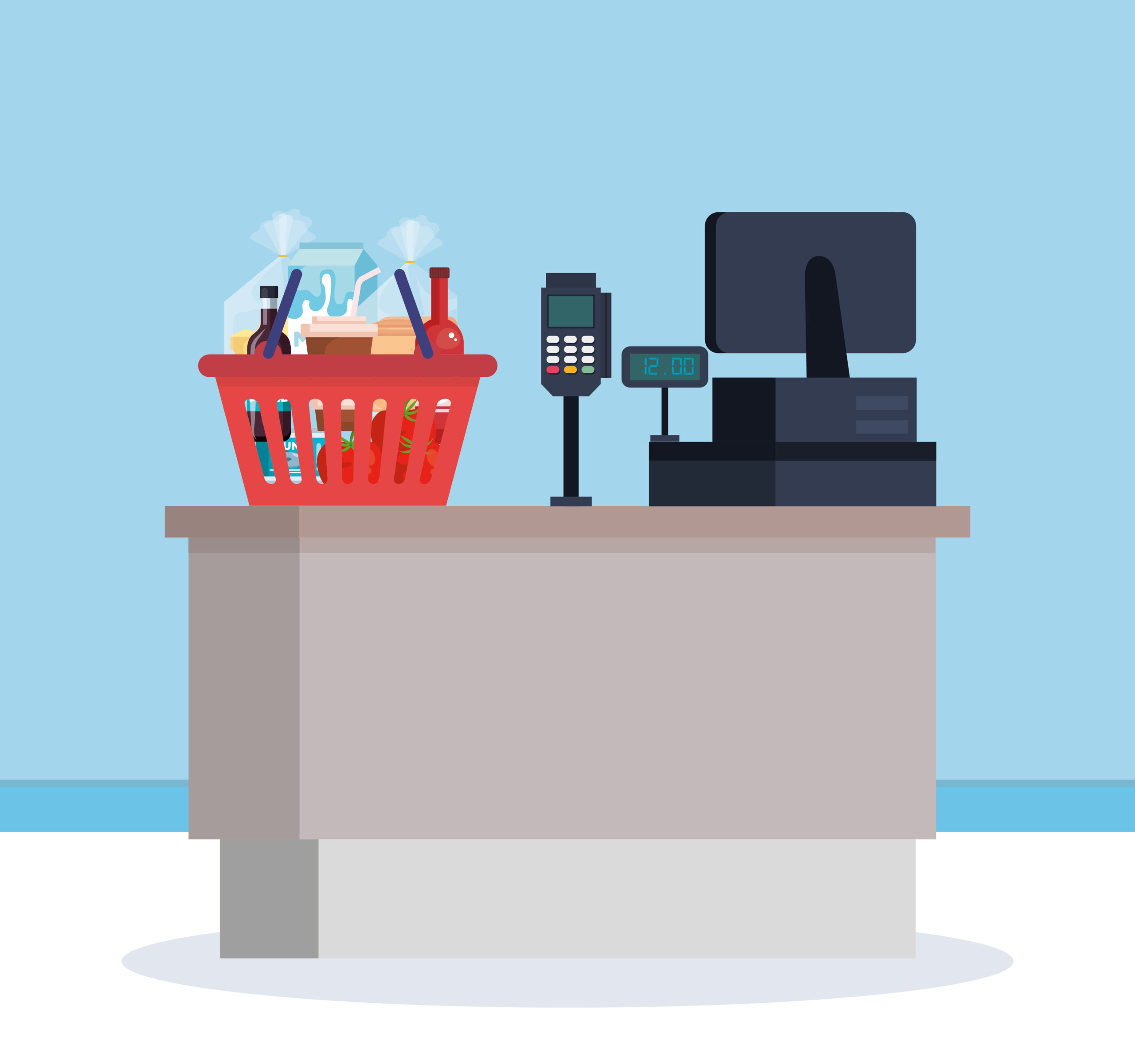 Redshopping basket filled with groceries on a checkout counter next to a payment terminal and cash register displaying $12.00