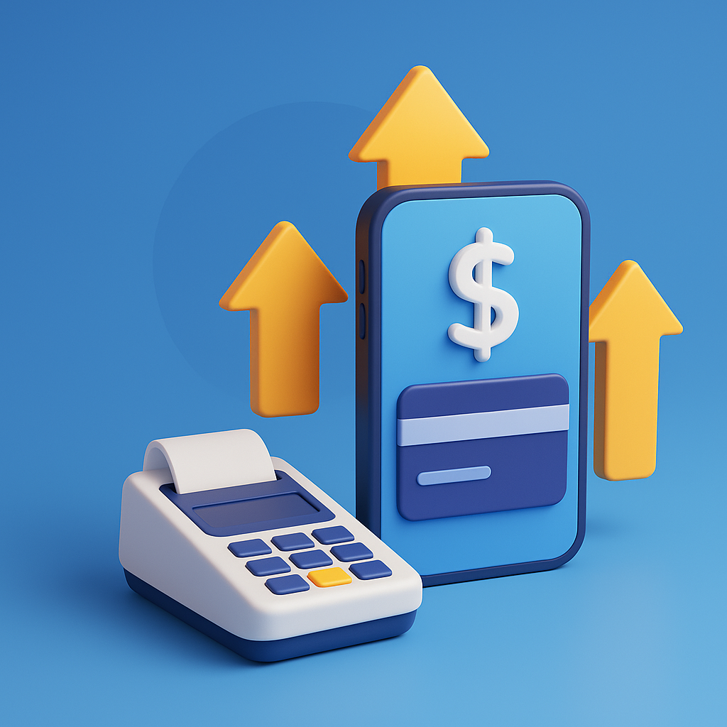 3D illustration of a payment terminal and smartphone with dollar sign and credit card, surrounded by upward arrows.