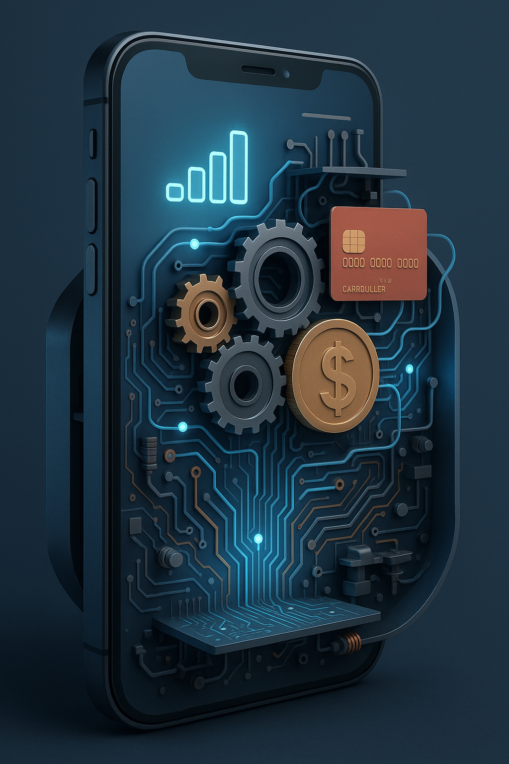 3D illustration of a smartphone with exposed circuitry, gears, a credit card and a dollar coin, glowing blue signal bars.