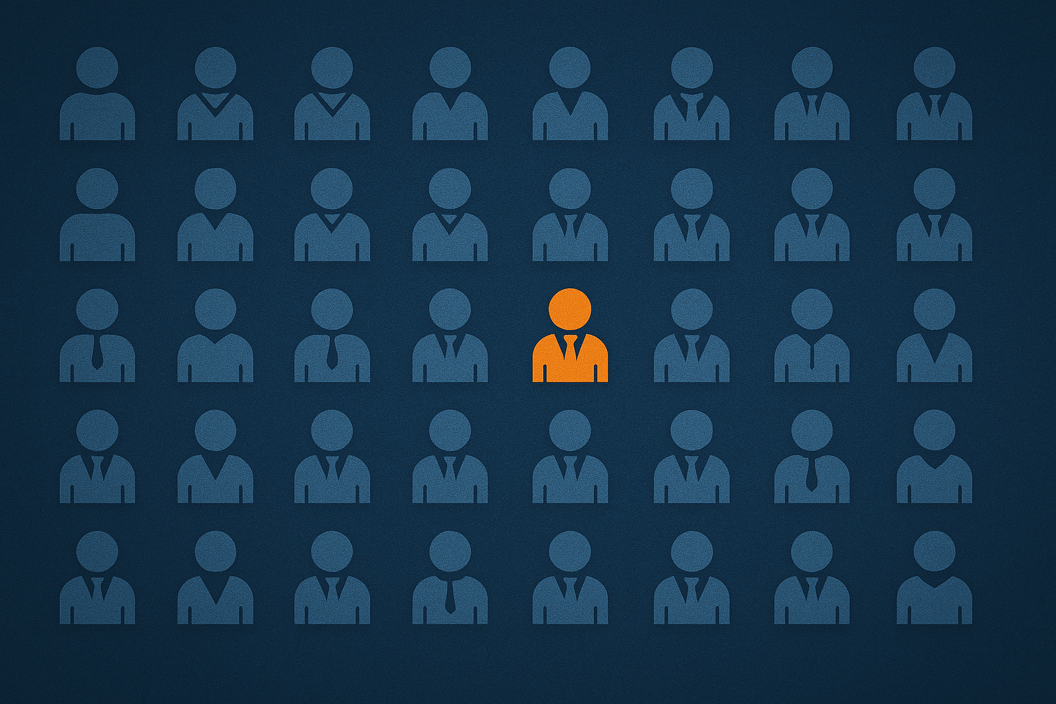 A grid of blue person icons with one orange figure highlighted in the center, representing a unique individual among many.