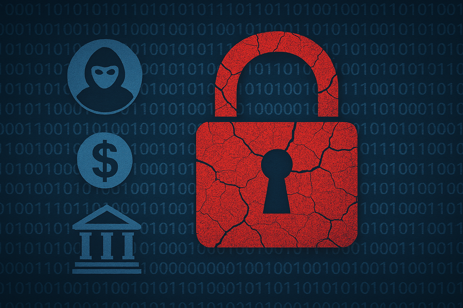 Red cracked padlock over binary code background, with blue icons of hacker, dollar sign, and bank building.