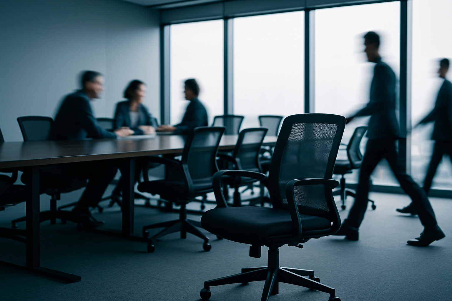 A black mesh office chairsits in a modern conference room with blurred professionals around a table and large windows.