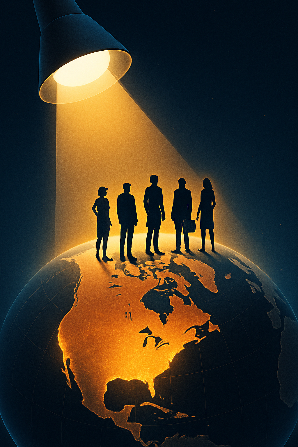 Spotlight shines on five business silhouettes standing on a globe highlighting North America.