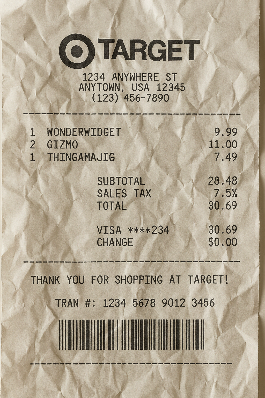 Targetreceipt Wonderwidget $9.99, Gizmo $11.00, Thingamajig $7.49; subtotal $28.48, tax 7.5%, total $30.69, Visa paid, $0 cha
