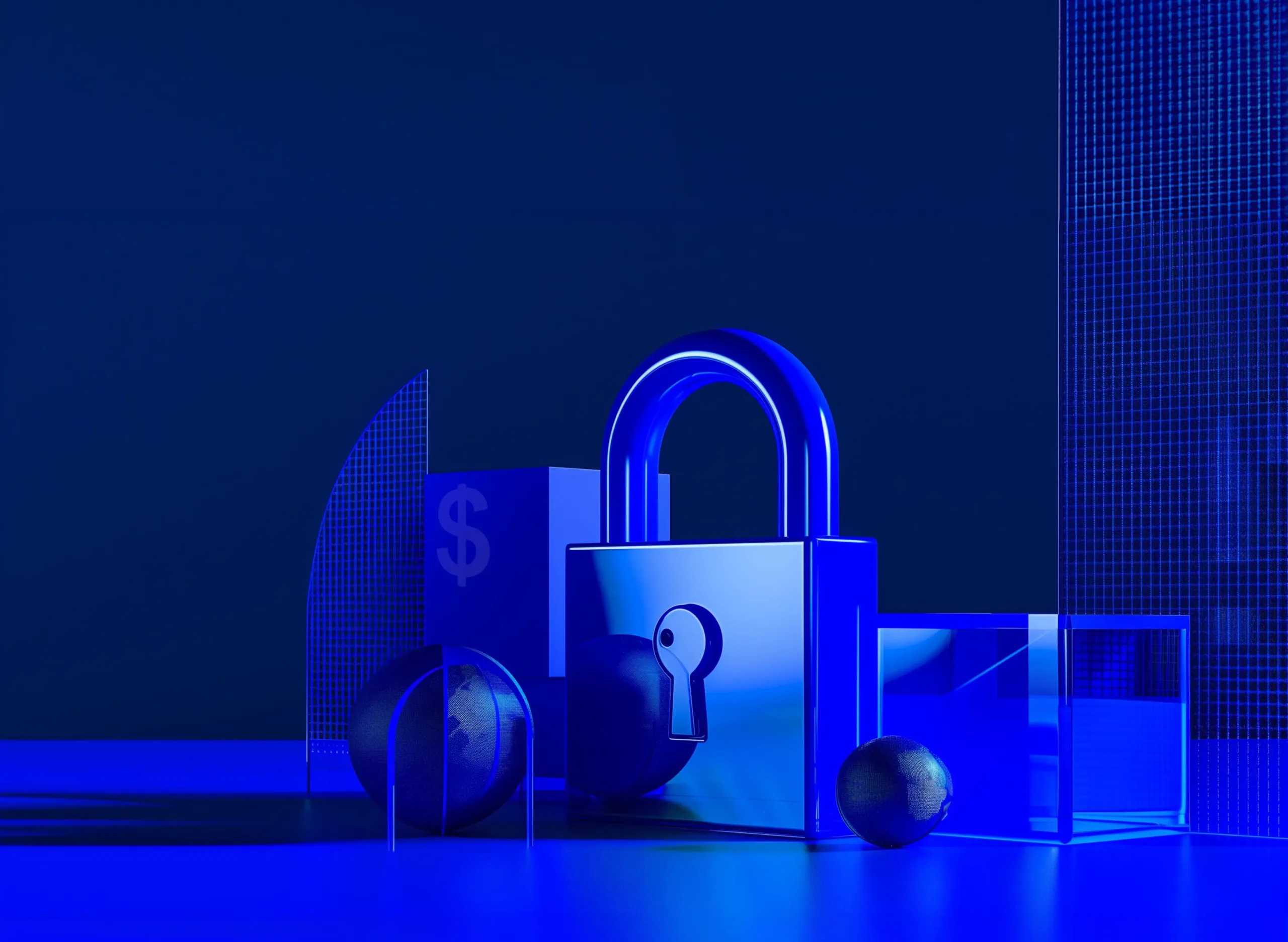 Blue 3D padlock with keyhole icon, dollar sign box, globe sphere, and transparent grid panels.