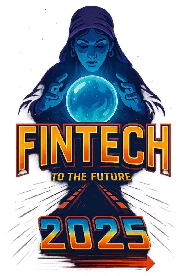Blue fortune tellerillustration holding a crystal ball above 'FINTECH TO THE FUTURE 2025' text on a road graphic.