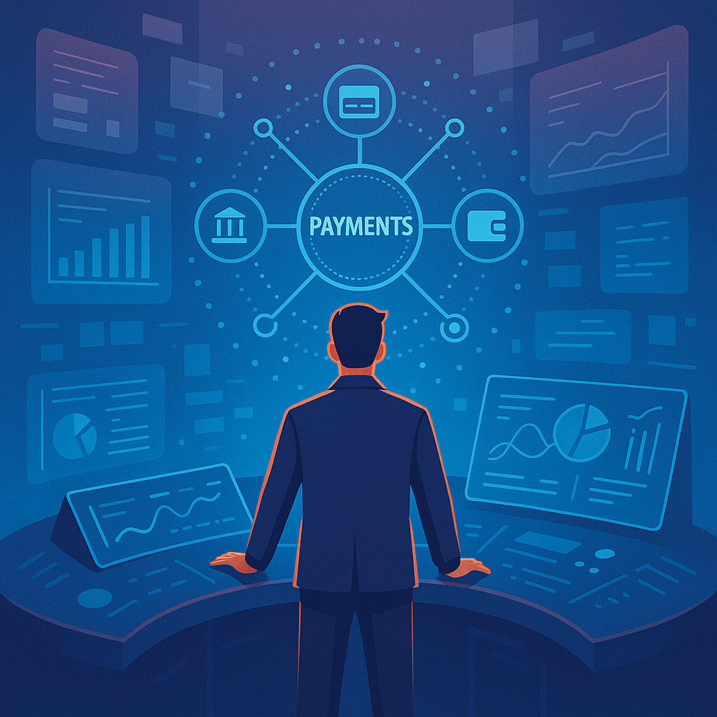 Man insuit viewing a digital payments dashboard with central hub, credit card, bank, wallet icons and data charts.