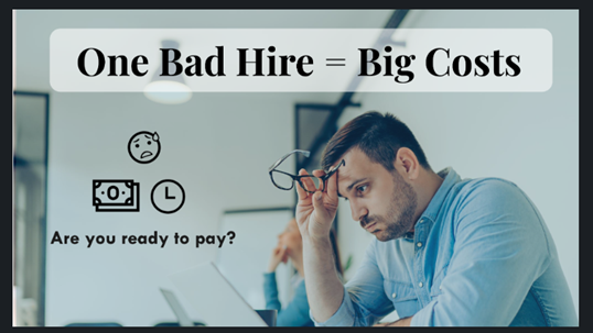 Stressed manager in office with worried face icon, zero dollar bill icon, and clock icon; text asks 