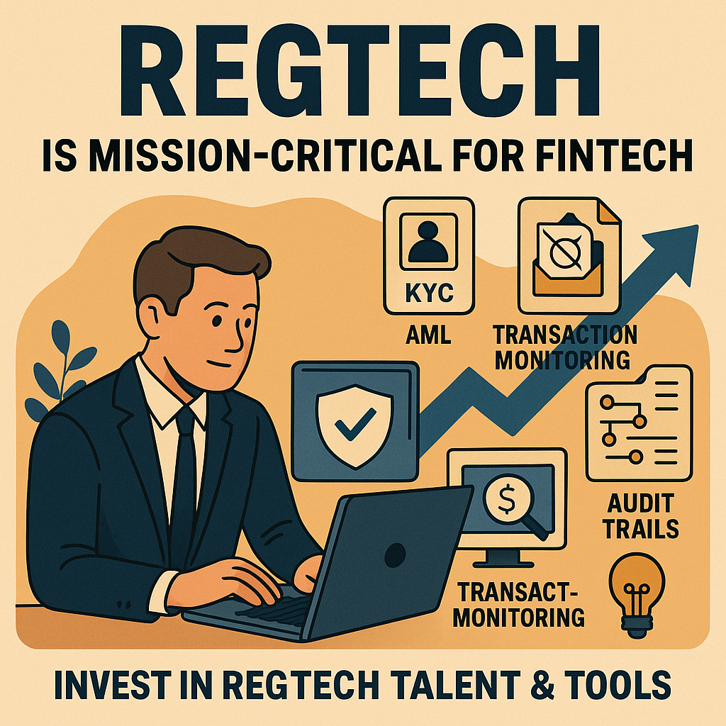 Regtech infographic with professional using laptop, showing KYC, AML, transaction monitoring, audit trails for fintech.