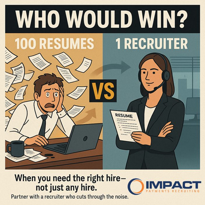 Stressed job seeker surrounded by 100 resumes versus a confident recruiter holding one resume.