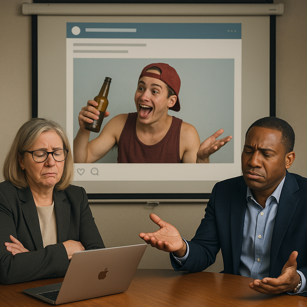 Two analysts review a laptop displaying a social media post featuring a man with a beer bottle, expressing disapproval.