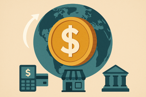 Globe with dollarcoin, arrow, calculator, credit card, storefront, bank icons showing global finance transactions