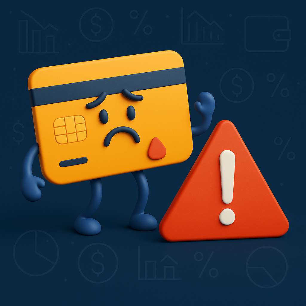 Sad yellow creditcard character with blue limbs next to a red warning triangle, financial icons in background