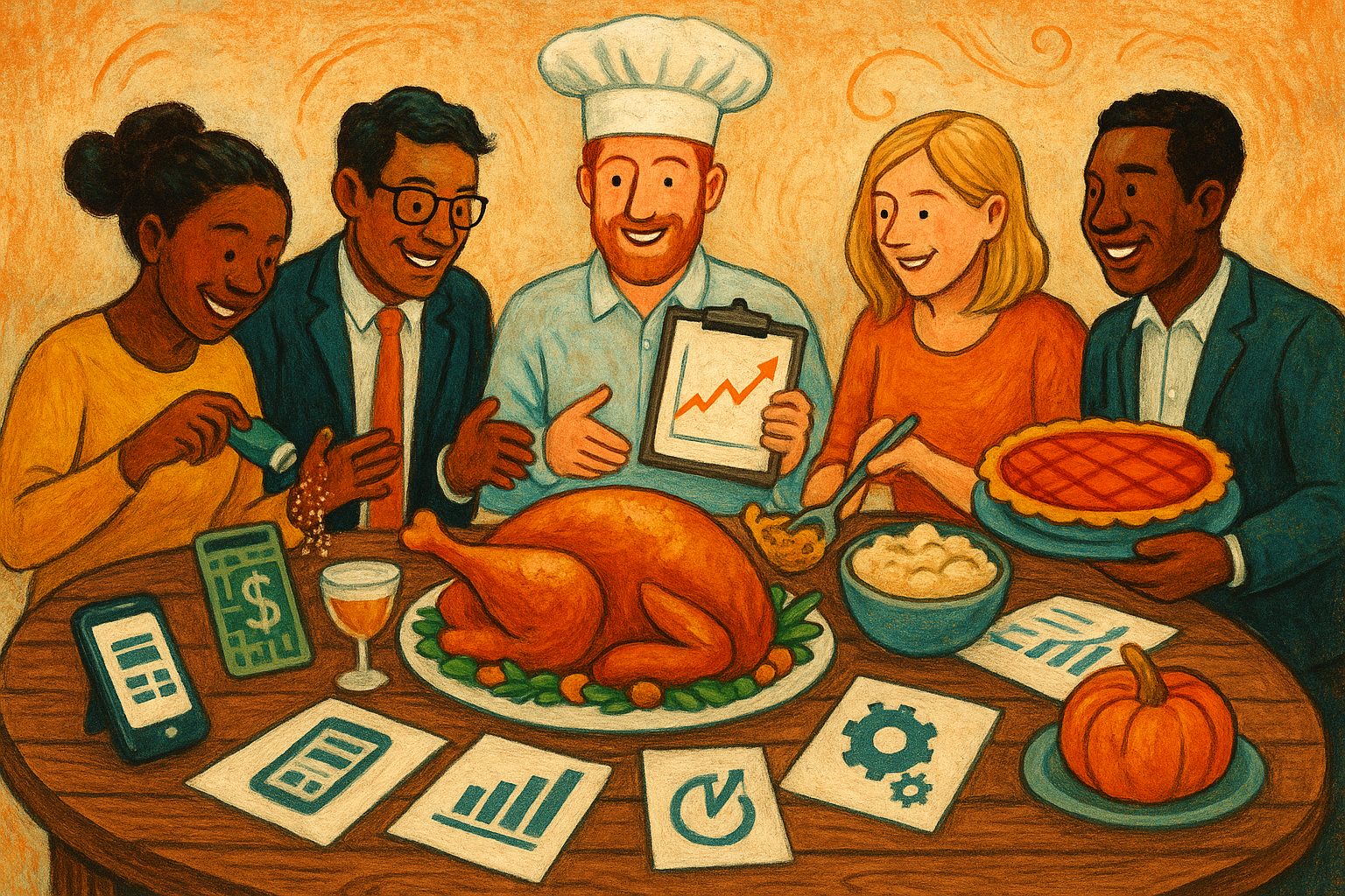 Diverse team at a Thanksgiving table with turkey, pie, pumpkin and business icons like charts and an upward arrow.