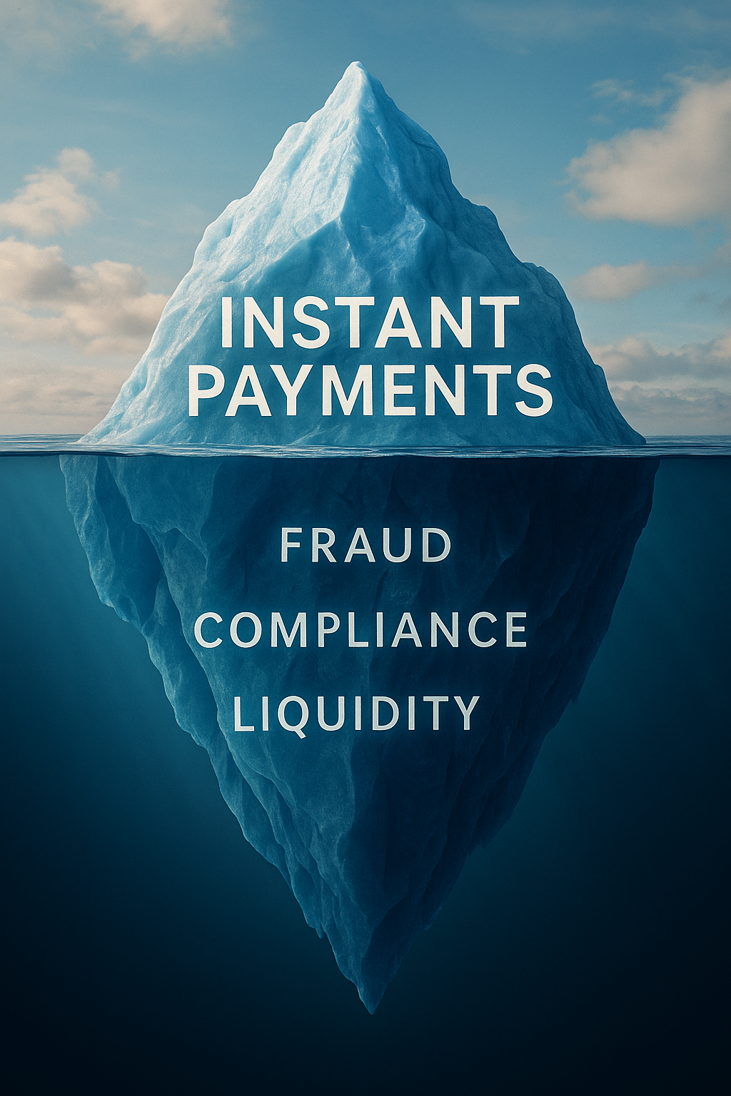 Iceberg graphic with 'INSTANT PAYMENTS' above water and 'FRAUD COMPLIANCE LIQUIDITY' hidden payment risks.