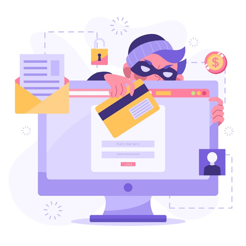 Hacker inmask steals credit card and email from computer screen, with lock, dollar sign and user icon icons.