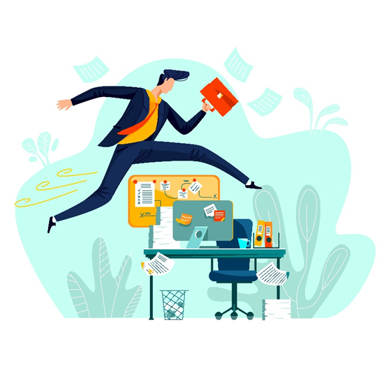 Cartoon businessman jumping over a cluttered office desk, holding a red folder, papers flying, bulletin board, computer, chai