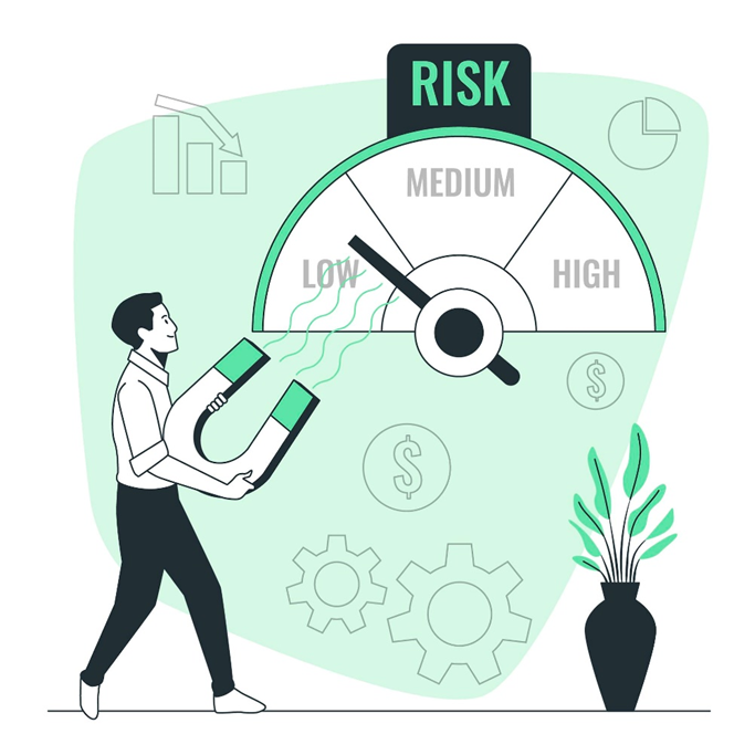 Man with a magnet draws a risk gauge needle toward low risk, amid charts, gears, dollar symbols, and a plant.