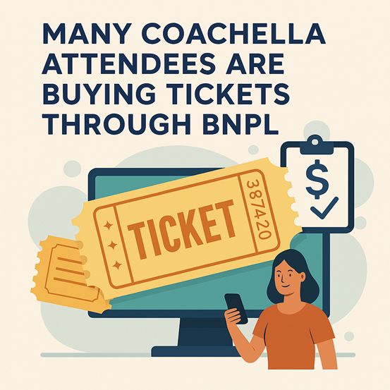 Woman with phone, ticket from computer, clipboard with dollar sign and checkmark, Coachella ticket purchases via BNPL.