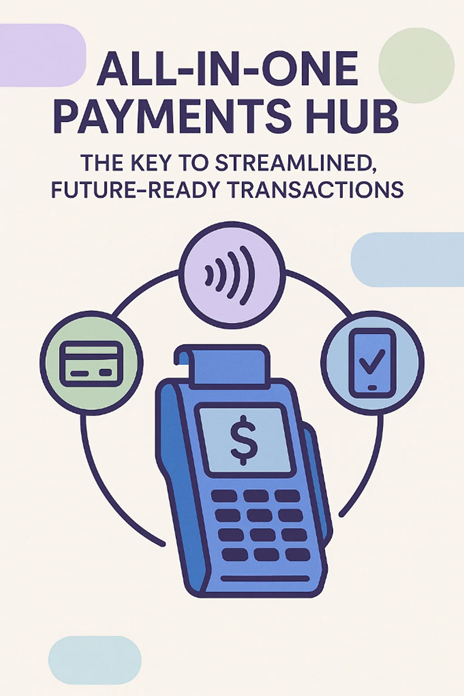 Payment terminal with $sign, surrounded by credit card, NFC, and smartphone icons, under 'All-in-One Payments Hub' heading.