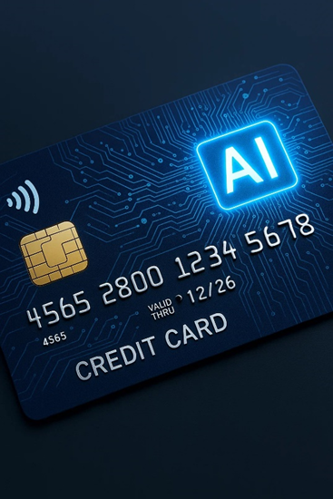 Blue credit card with gold chip, contactless symbol, and glowing AI logo on circuit board background.