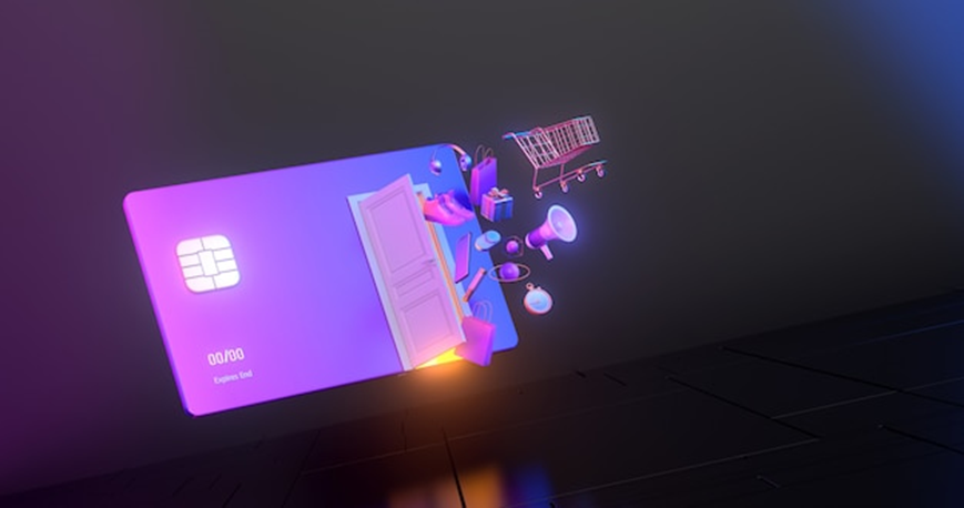 Glowing purple credit card with chip, floating and emitting e‑commerce icons like a cart, megaphone, door, gifts.