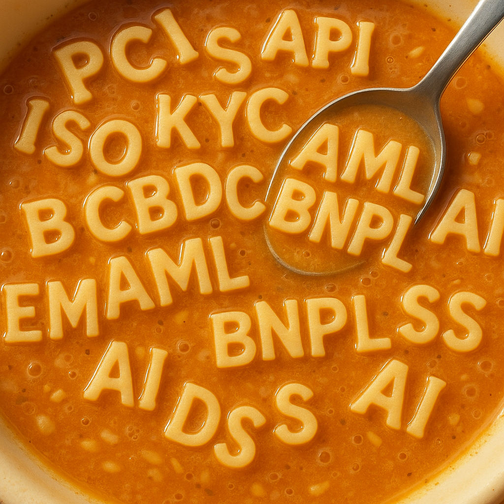 Orange soup with alphabet pasta letters forming acronyms such as PCI, API, ISO, KYC, AML, BNPL, spoon lifting letters.