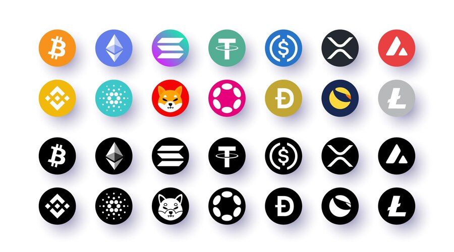 28 crypto icons in a grid, showing Bitcoin, Ethereum, Dogecoin, Litecoin, Cardano, Tether, each in a circle.