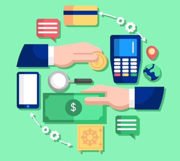 Digital paymentillustration showing hands exchanging coin, credit card, smartphone, terminal, cash, safe and gears.