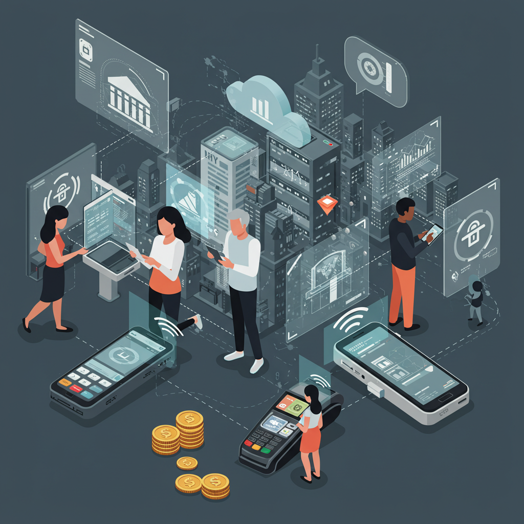 Isometric scene of people using smartphones, tablets and contactless payment terminals in a city, with screens and coins.