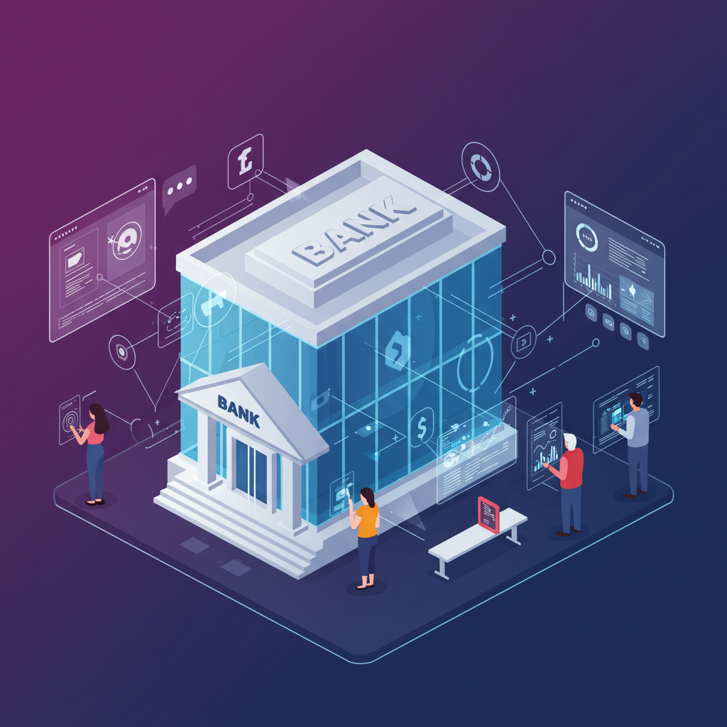 Isometric illustration of a bank with digital screens, data charts, and people using technology.