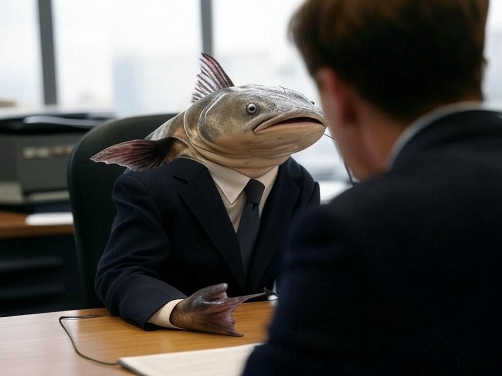 A fish-headed businessman in a suit sits at a desk, facing a human colleague in an office.