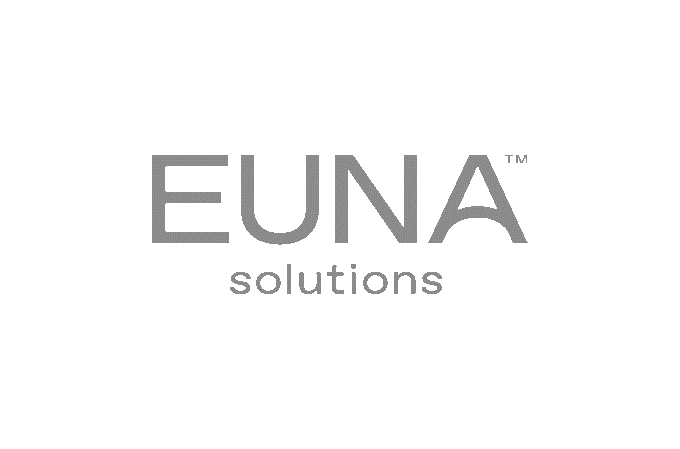 EUNA solutions logo with EUNA in large gray letters and 'solutions' in smaller gray text on a black background