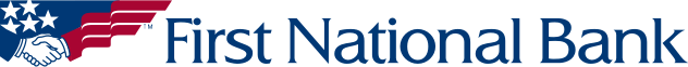 First National Bank logo featuring a handshake over a blue field with white stars and red wing, with blue serif text
