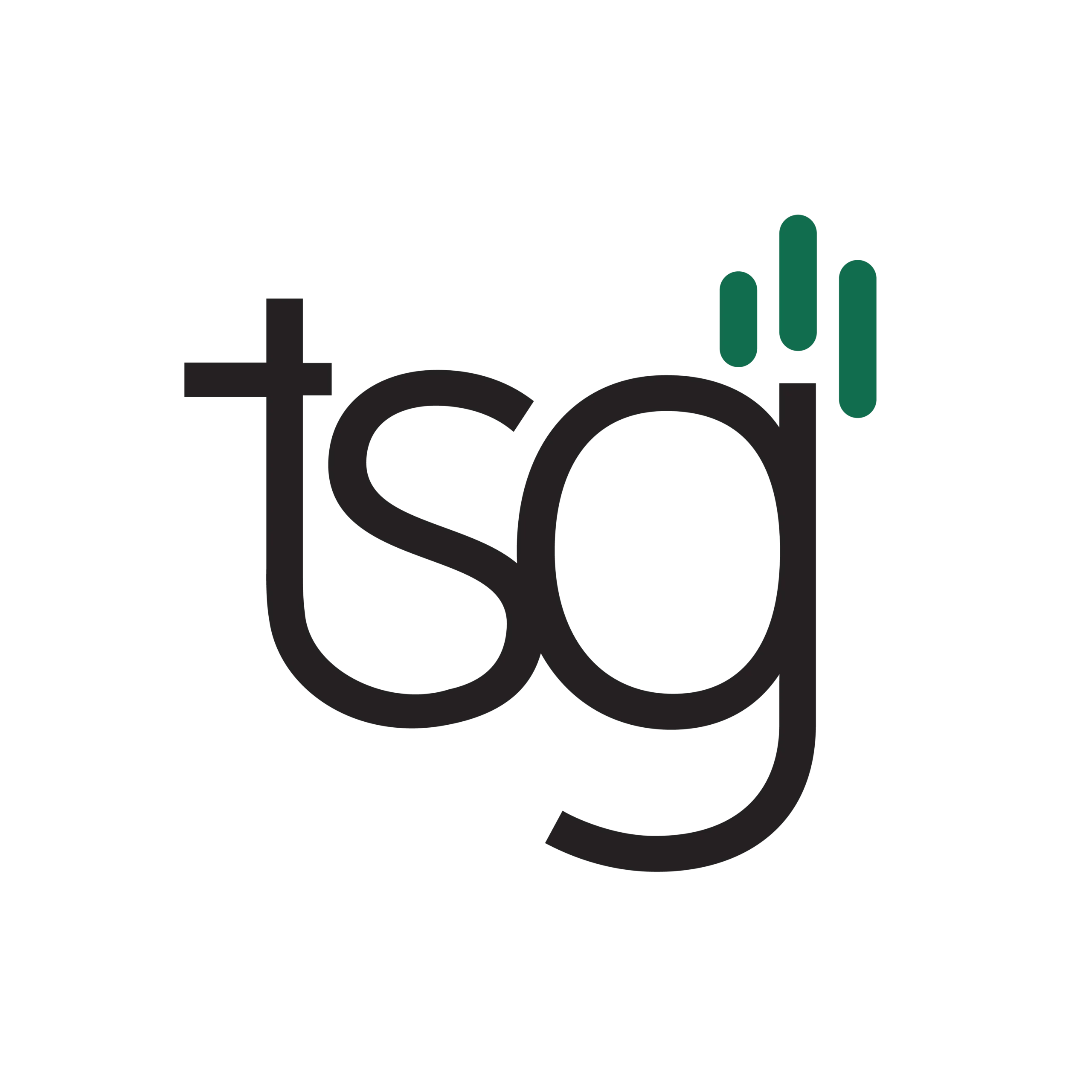 Black stylized lowercase 'tsg' logo with three green vertical bars above the 'g', resembling a signal icon on white backgroun