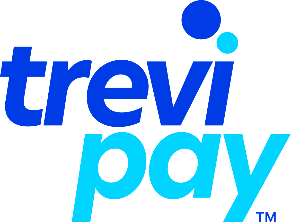 Trevi Pay logo withdark blue 'trevi' text, light blue 'pay' and two circles.