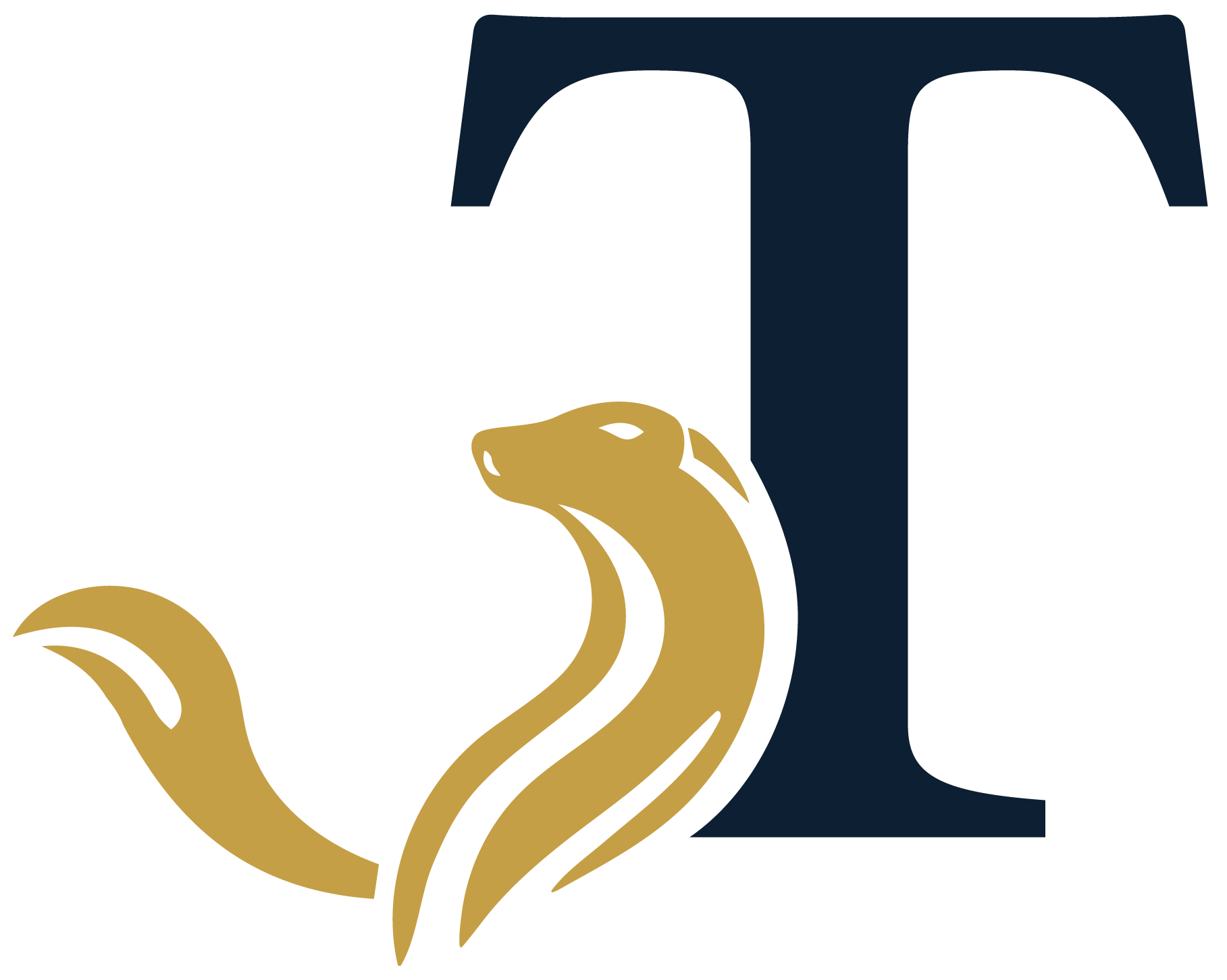 A navy blue capital letterT logo with a golden otter silhouette forming part of its design